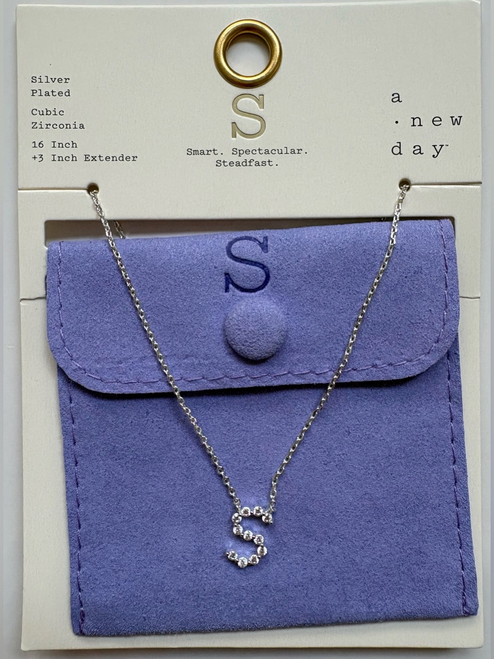 Target a new day silver plated S Necklace cubic zirconia 16” w pouch-New